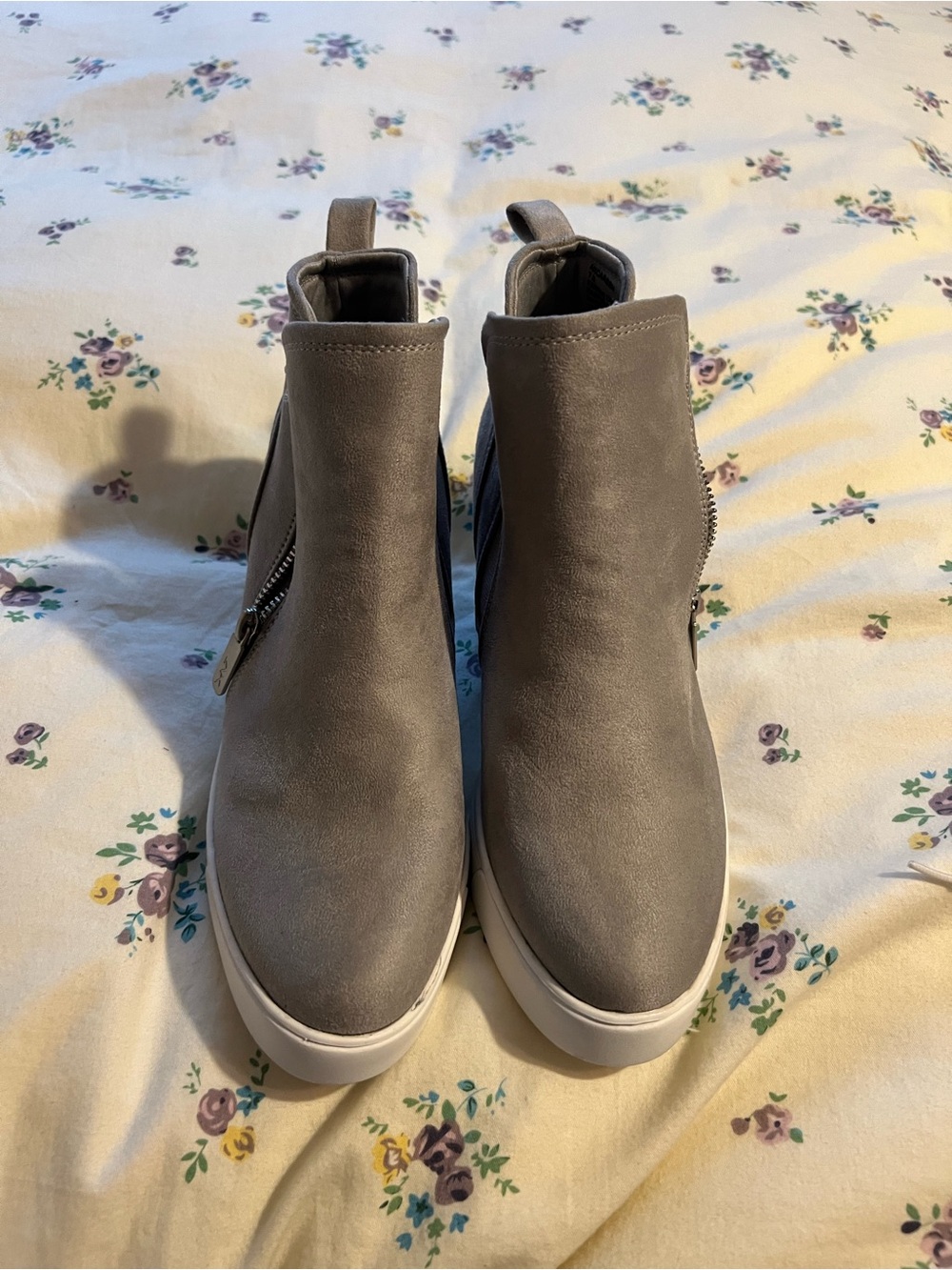 Anne Klein Taupe Suede Platform Ankle Booties with Side Zipper